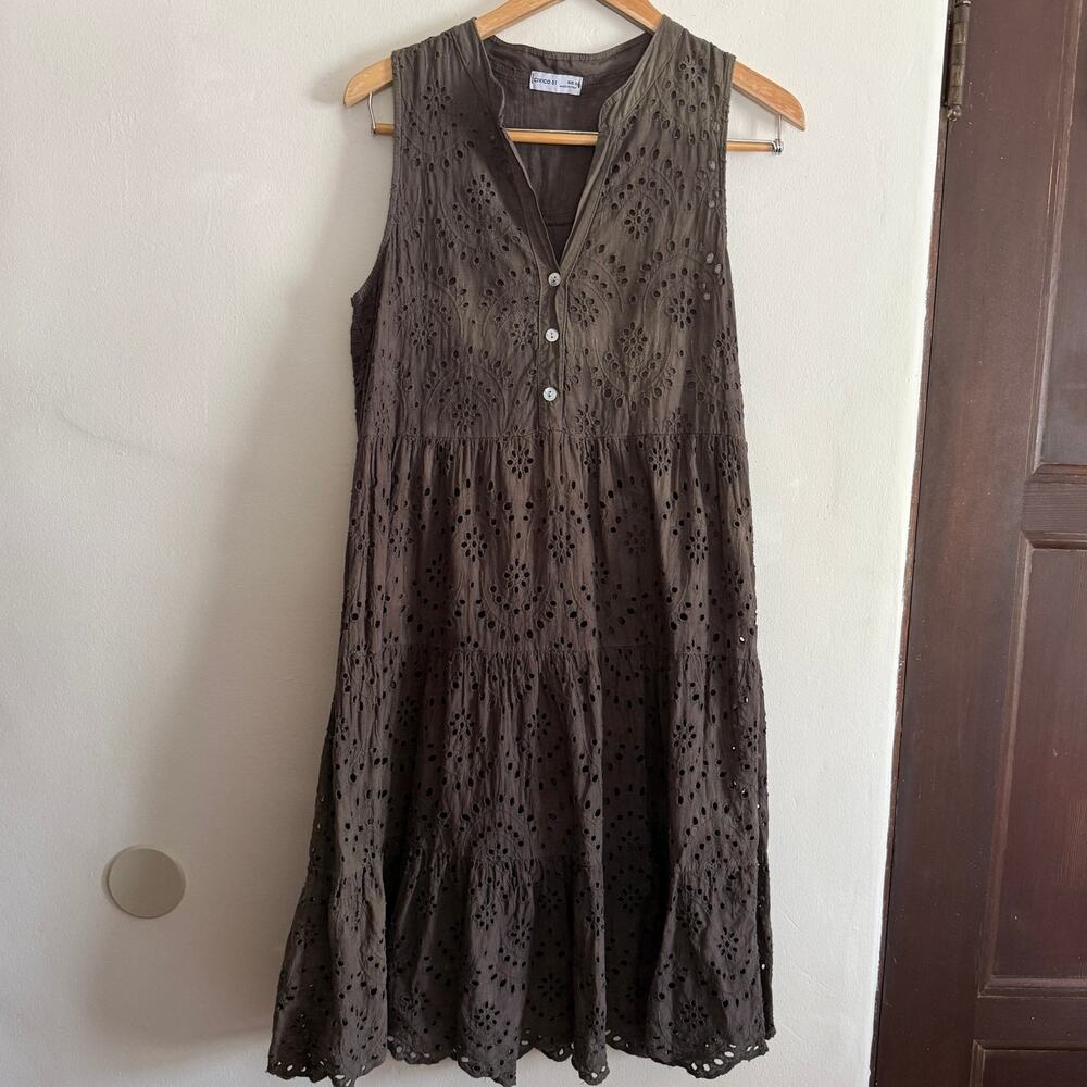 CIVICO | Dark Brown Gray Garment Dyed Eyelet Tiered Dress | Small